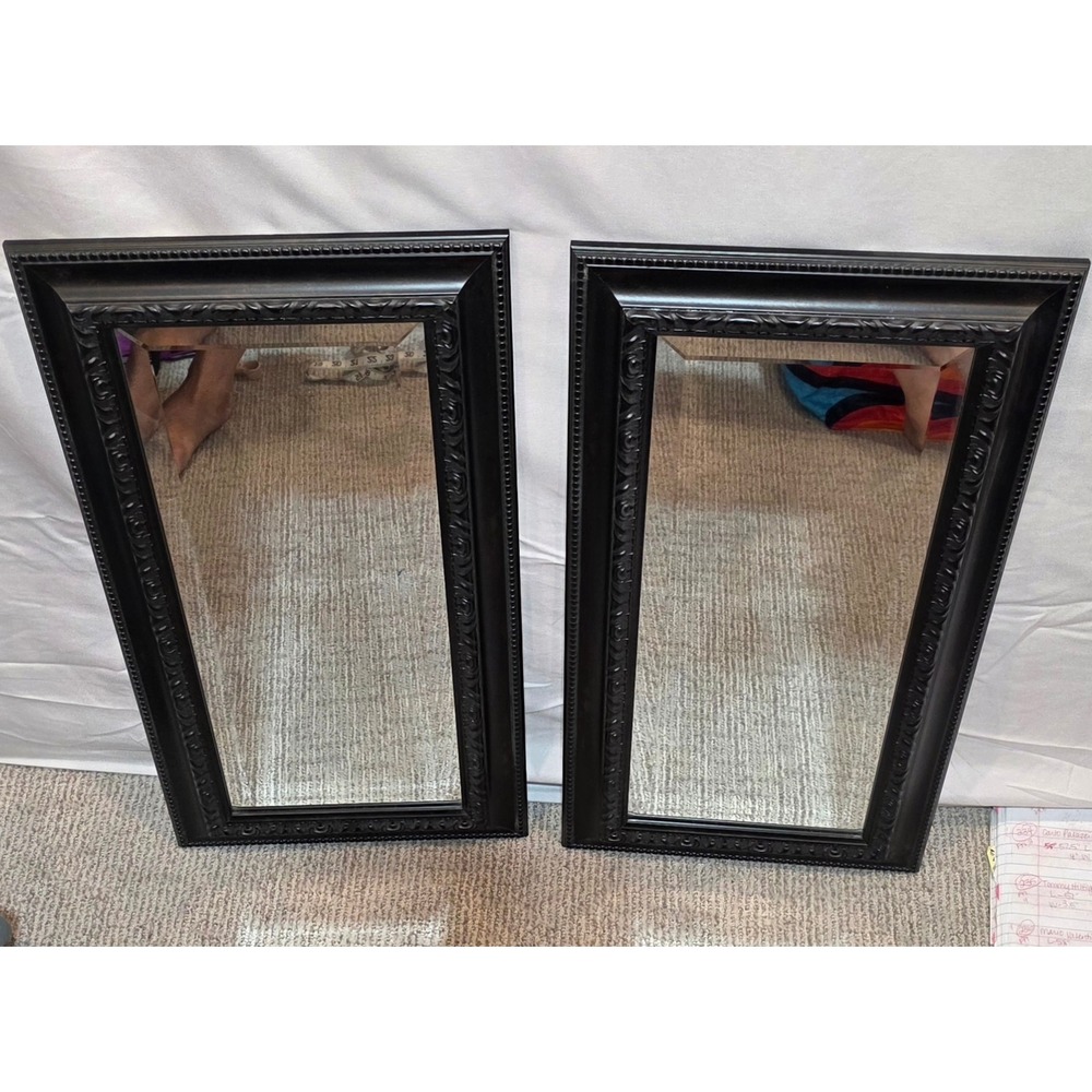 2 vintage Ornate Beveled Mirrors Black Espresso Scroll Frame 24x12  Rectangular